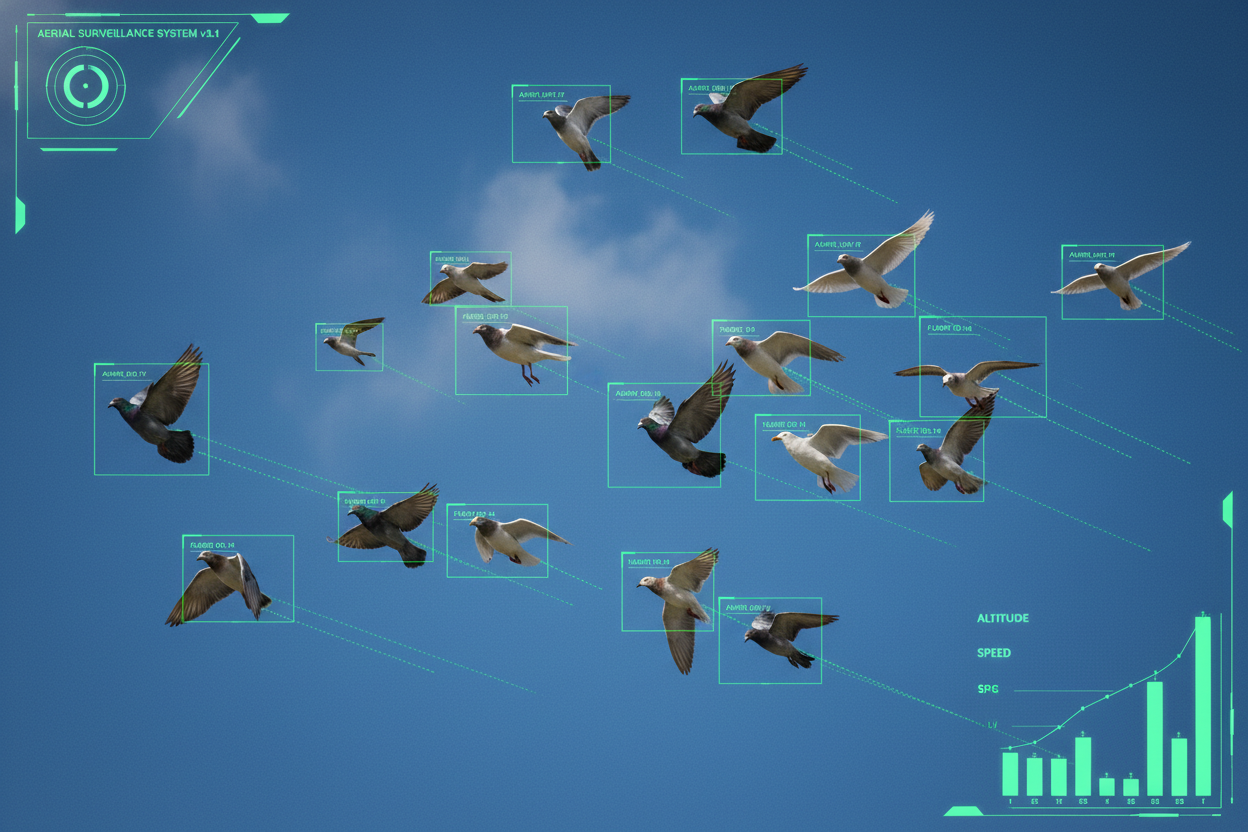 a goups of birds flying,  Ai detection with green bords target these birds