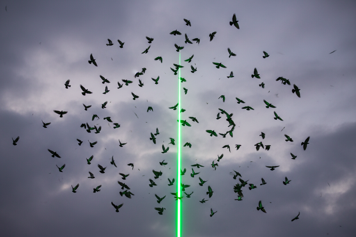 a green laser to push goups of birds flying away, with scare