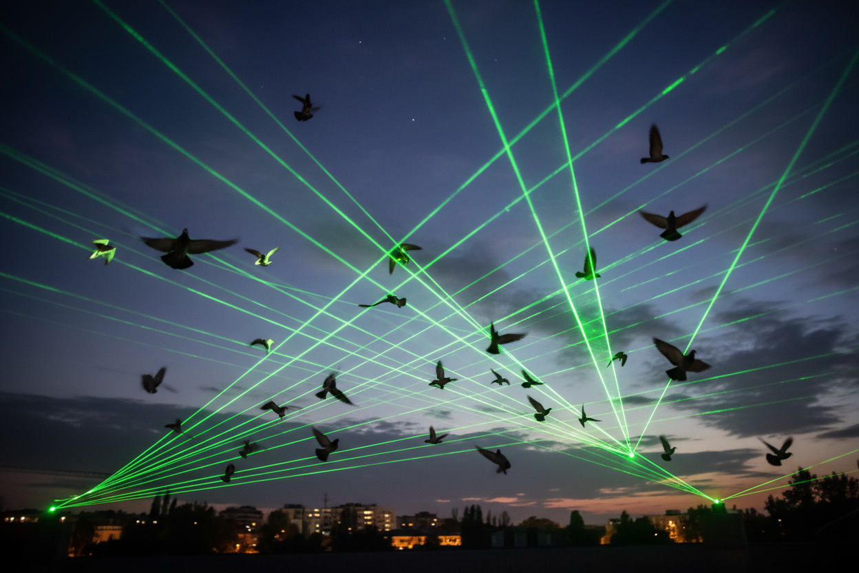 Automatical repellent birds, with geen laser.  without appear any system or device,