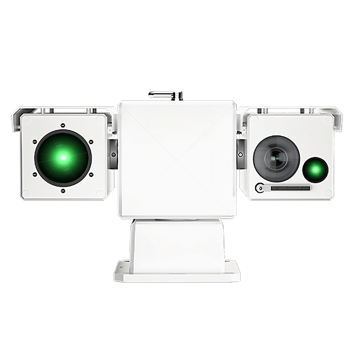 A white, solid-colored Pro Laser Bird Control system mounted on a stand with visible laser beams.