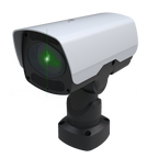 A white PTZ (Pan-Tilt-Zoom) surveillance camera with a visible green laser beam projected from it.
