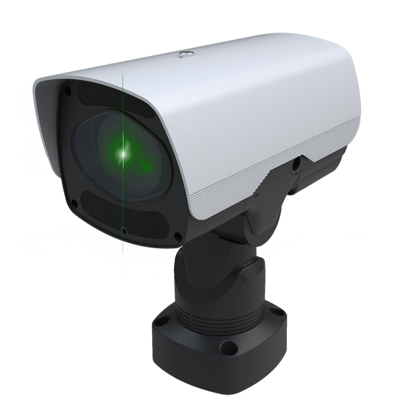 A white PTZ (Pan-Tilt-Zoom) surveillance camera with a visible green laser beam projected from it.