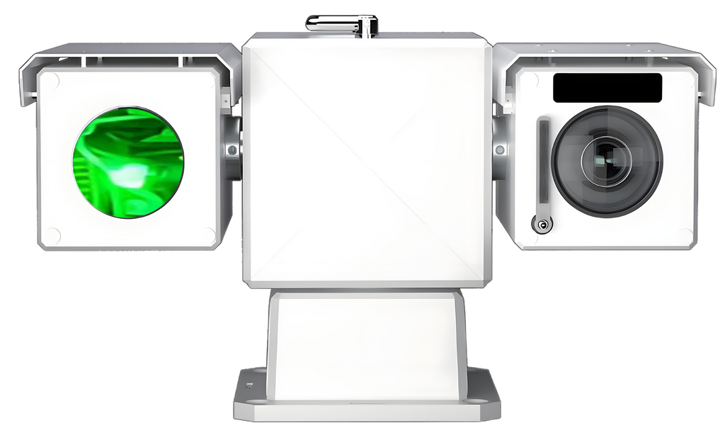 White electronic device with a green light and camera on a white background