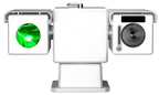 White electronic device with a green light and camera on a white background