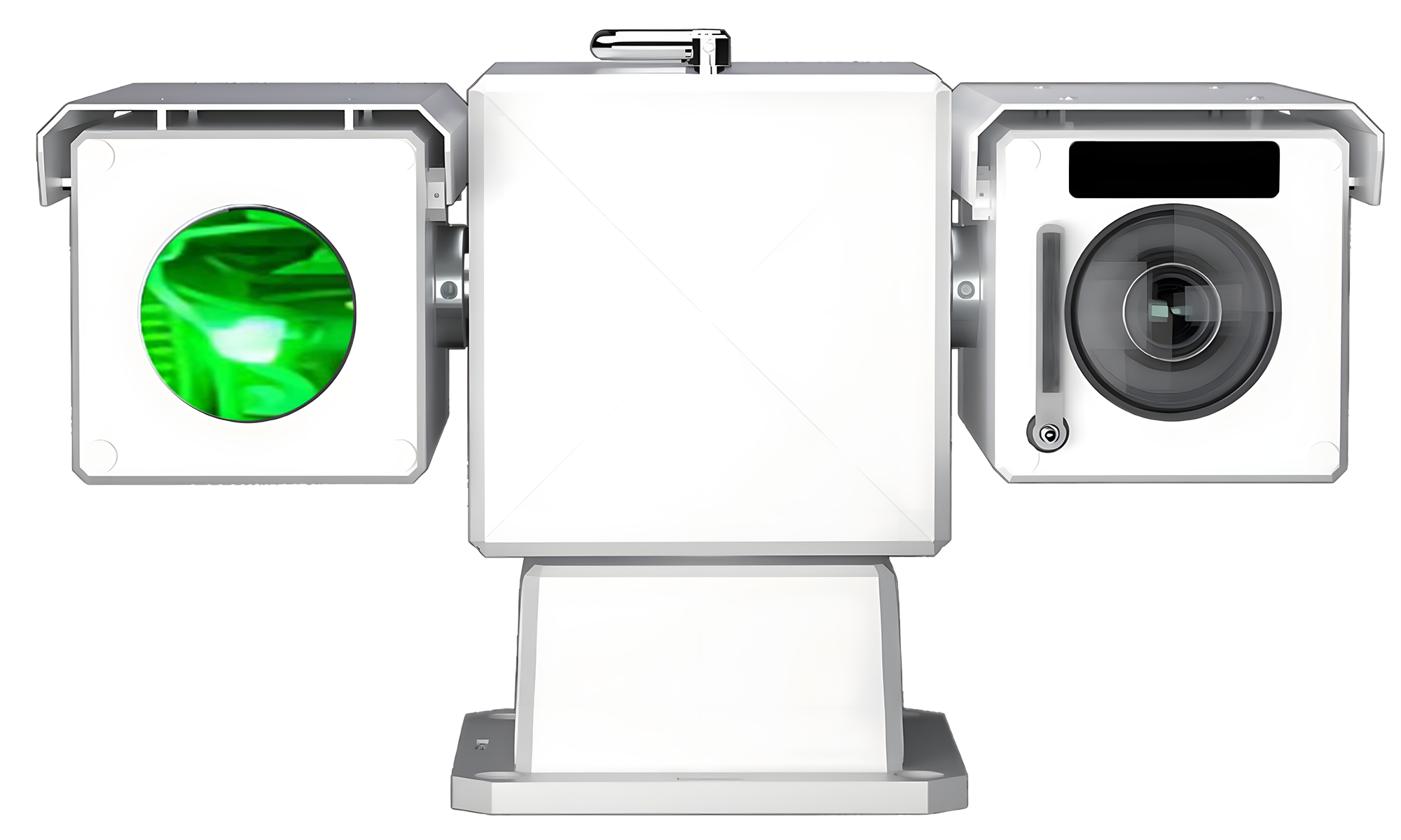 White electronic device with a green light and camera on a white background